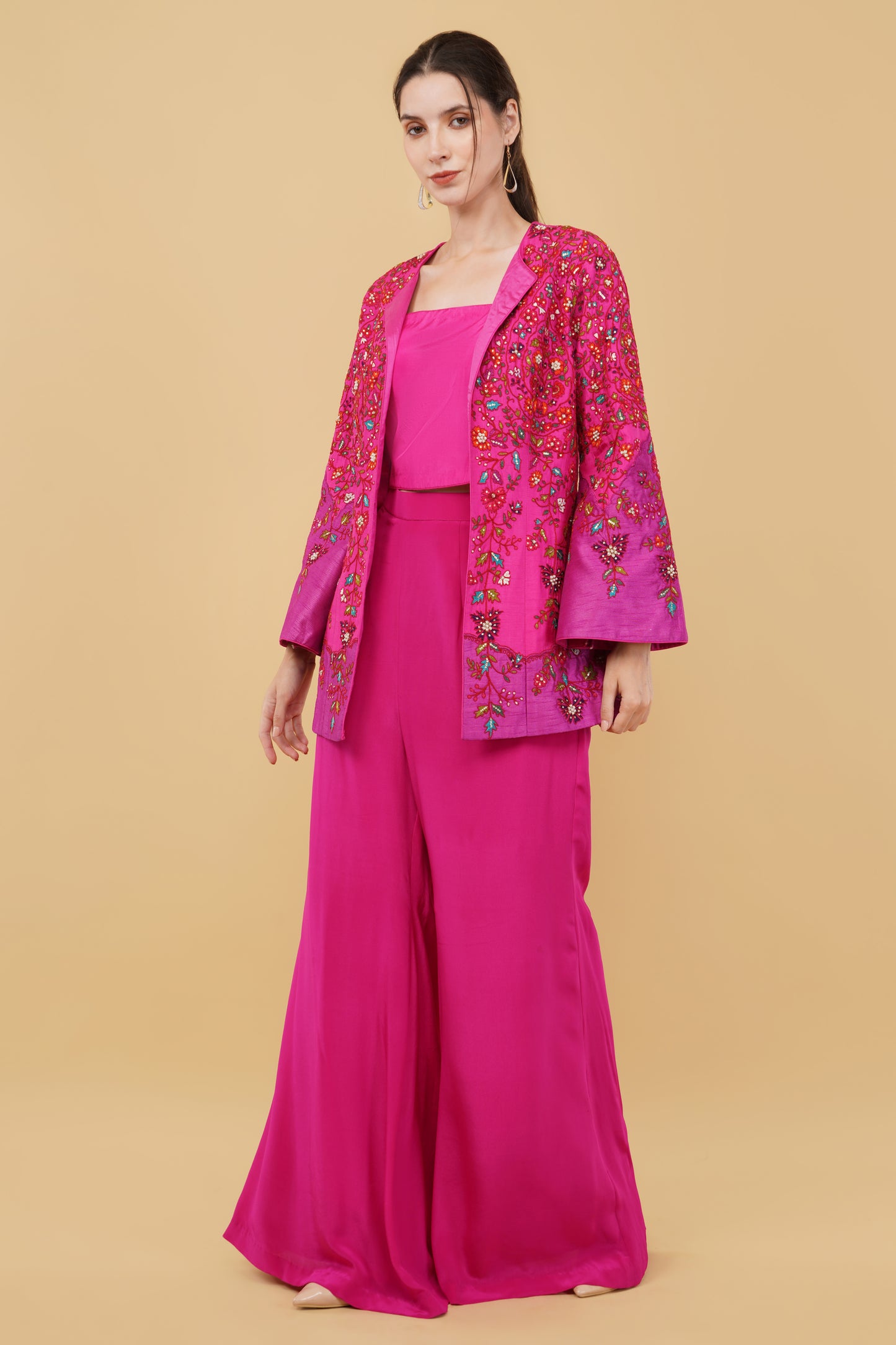 Embroidered Magenta Plazo Set with Bustier and Heavy Colorful Thread, Moti And Dabka Jacket