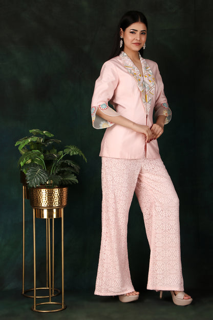 Pink Jaal Net Palazzo Indo-Western Set with Sequin Embellished Collar Jacket