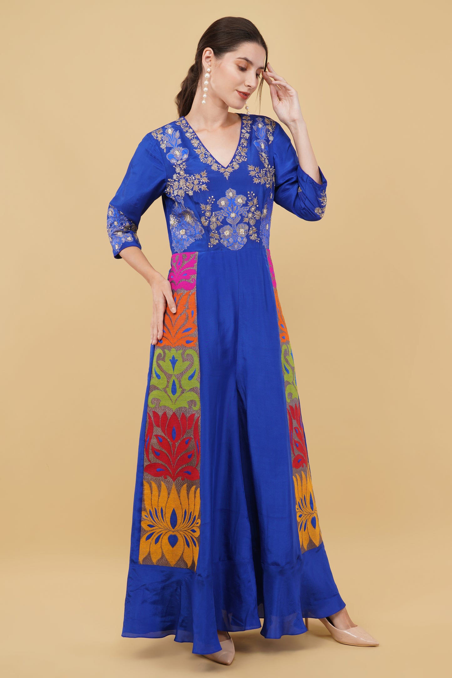 Royal Blue Jumpsuit with Handworked Yoke Featuring Sequin Dabka Zari And Moti