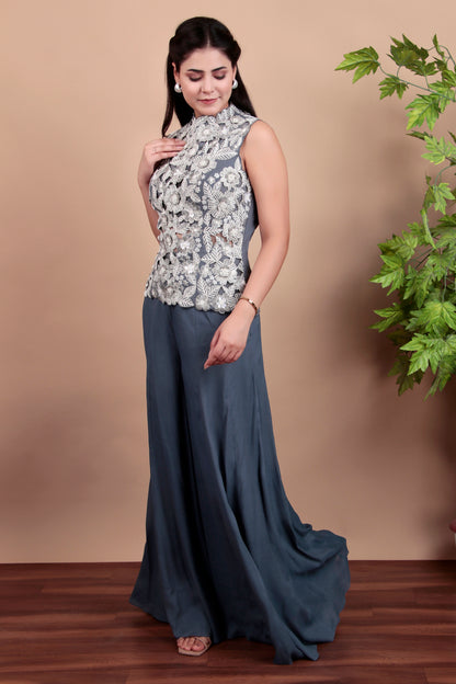 Modern Grey Indo-Western Palazzo Set with Hand-Embroidered Floral Top
