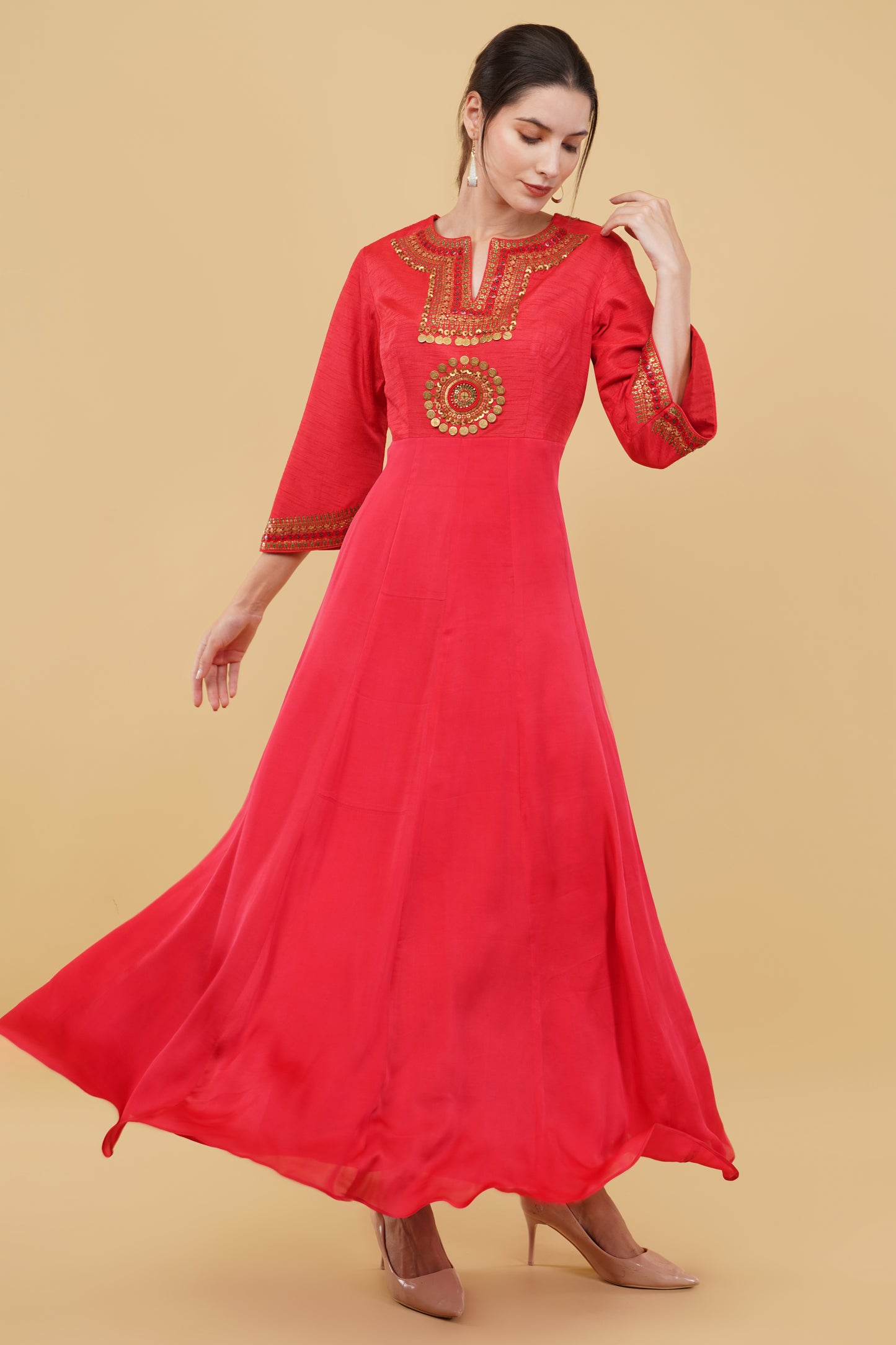 Elegant Red Floor-Length Anarkali with Detailed Neck Embroidery and Decorative Bell Sleeves