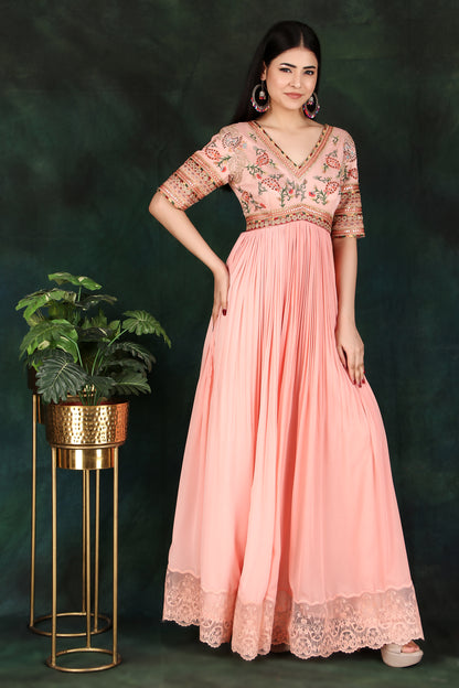 Elegant Peach Georgette Gathered Anarkali with Thread Work and Lace Detailing