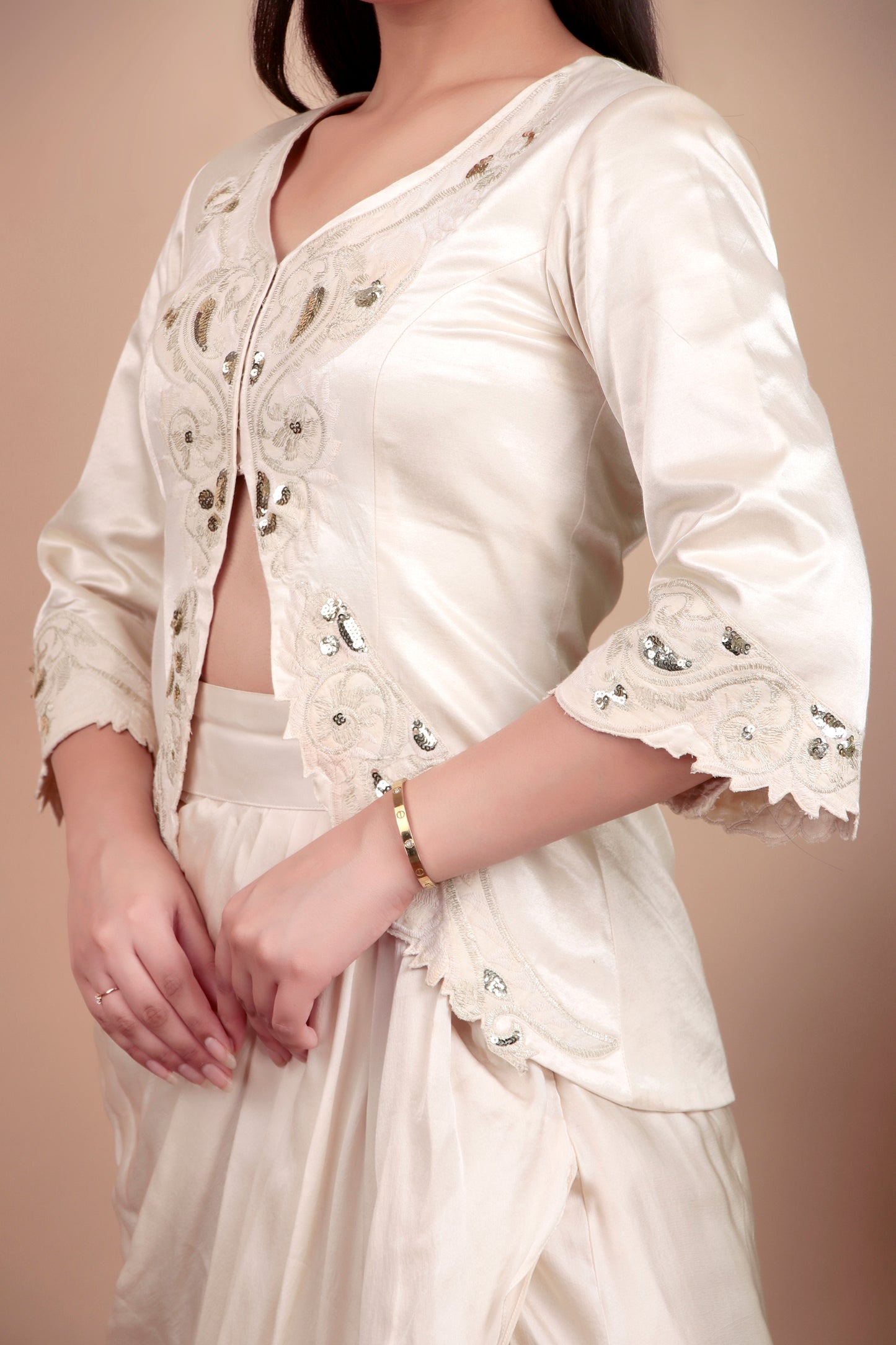 Ivory Luxury Indo-Western Ensemble with Intricate Sequin Zari Jacket and Draped Skirt