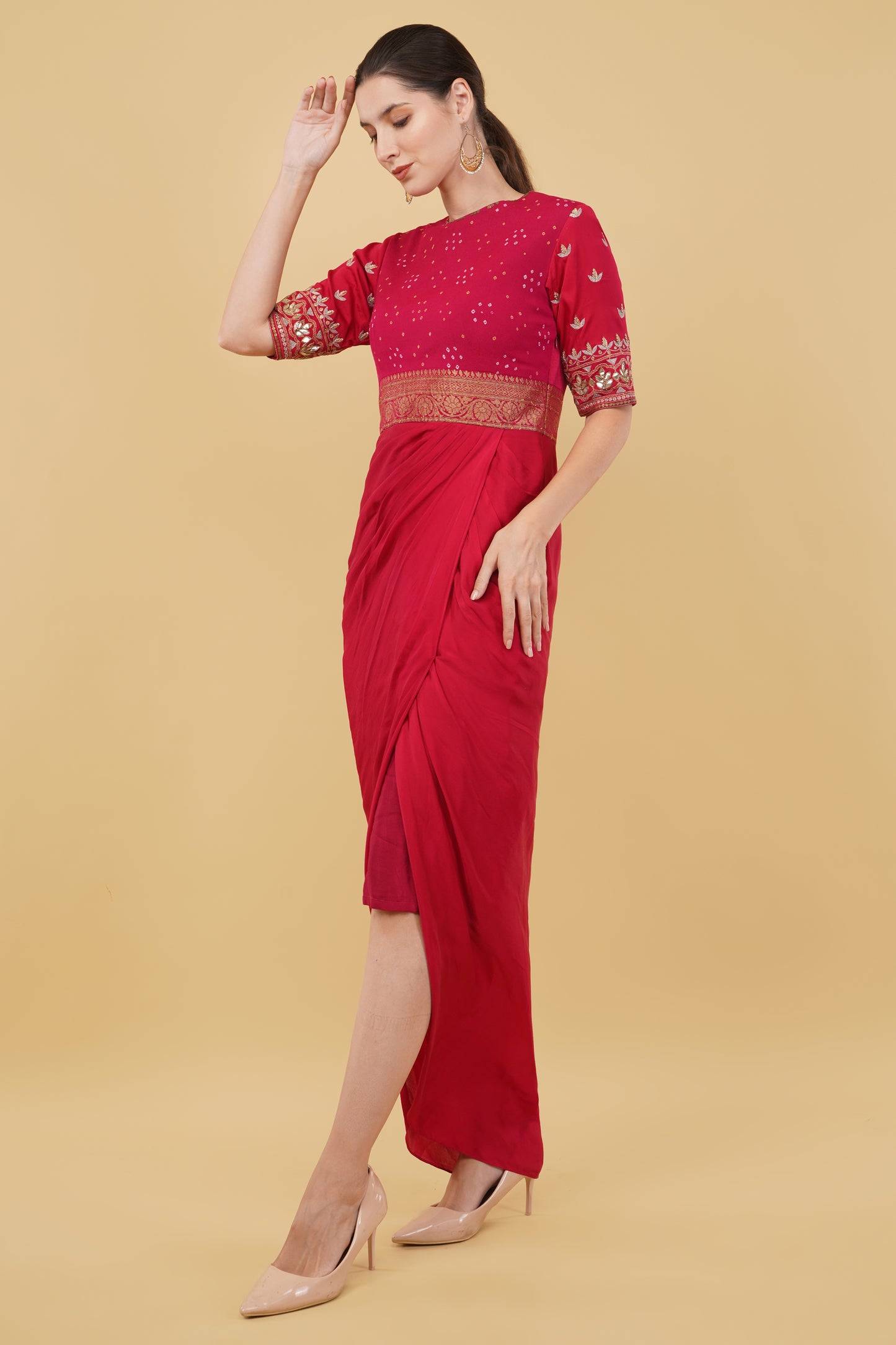 Red Drape Dress with Bandhej Yoke & Sleeves Adorned with Gotta Patti Work