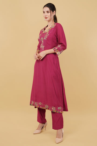 Mauve Pink A-Line Kurti Set with Zardosi And Dori Hand Embellishment