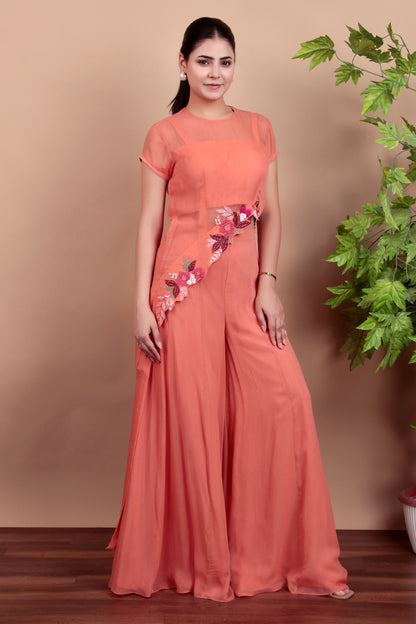 Elegant Coral Indo-Fusion Ensemble Featuring Sheer Top and Flared Palazzo