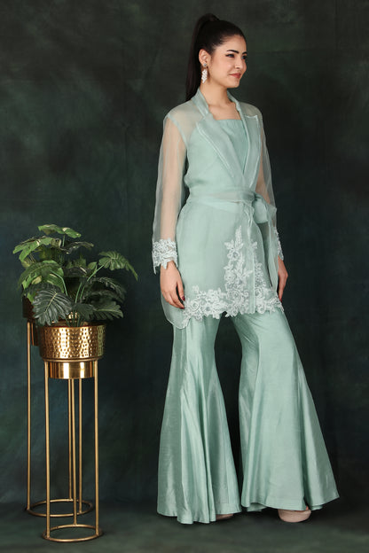 Aqua Party Wear 3 Piece Set with Pearl-Embellished Coat Bustier Top And Dori Palazzo
