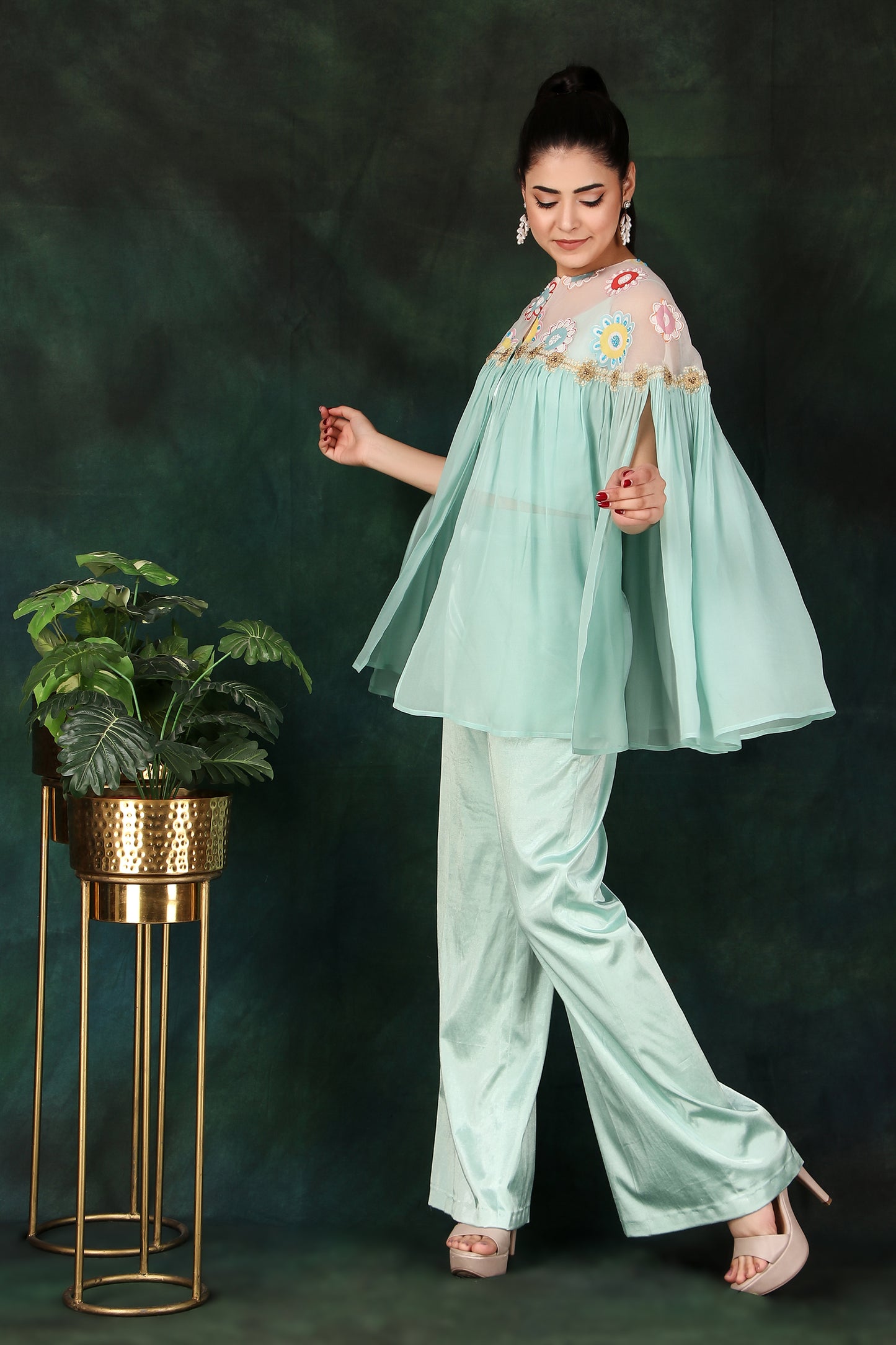 Elegant Aqua 3-Piece Indo-Western Outfit with Pearl And Cutdana Work Cape Lycra Palazzo And Bustier