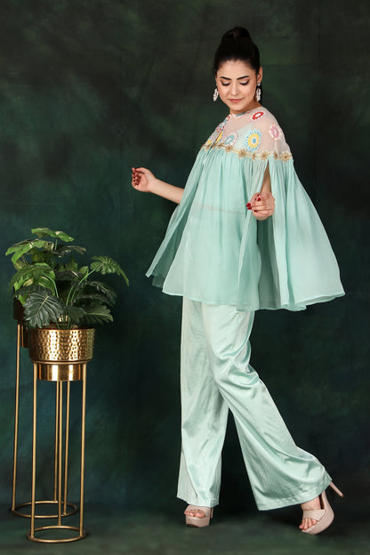 Elegant Aqua 3-Piece Indo-Western Outfit with Pearl And Cutdana Work Cape Lycra Palazzo And Bustier