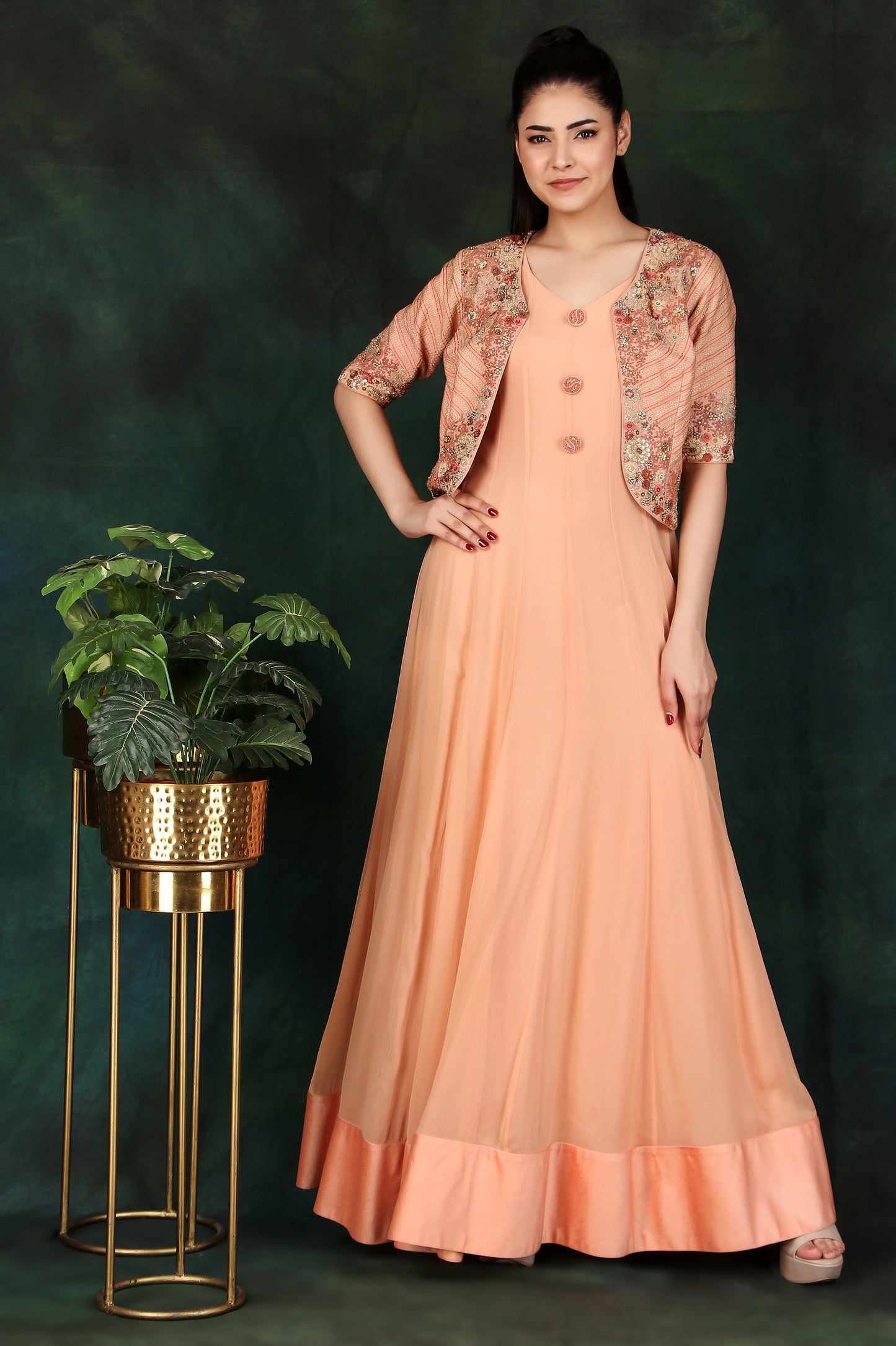 Peach Georgette Anarkali Suit with Thread, Dori & Sequin Work Jacket