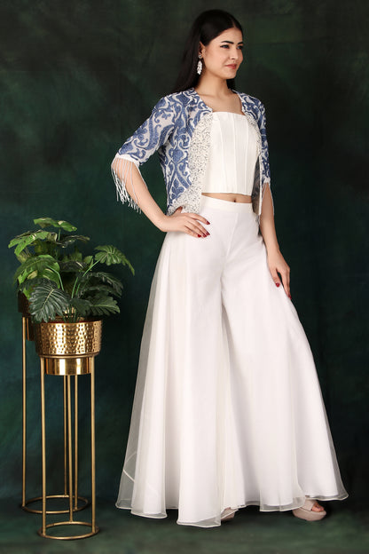 3 Piece Indo Western Set with Dupion Corset Organza Palazzo And Pearl Sequin Jacket
