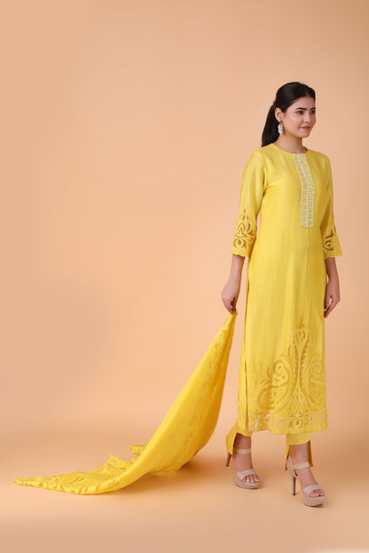 Yellow Cutwork Straight Suit Set With Embroidered Dupatta And High Low Pants