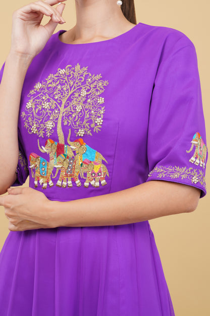 Designer Purple Anarkali Kurta Featuring Elephant Motif Handwork