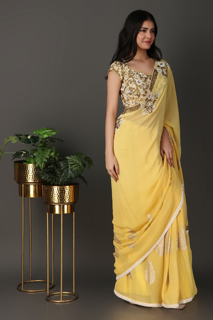 Soft Yellow Floral Embroidered Saree with Elegant Border and Sheer Finish