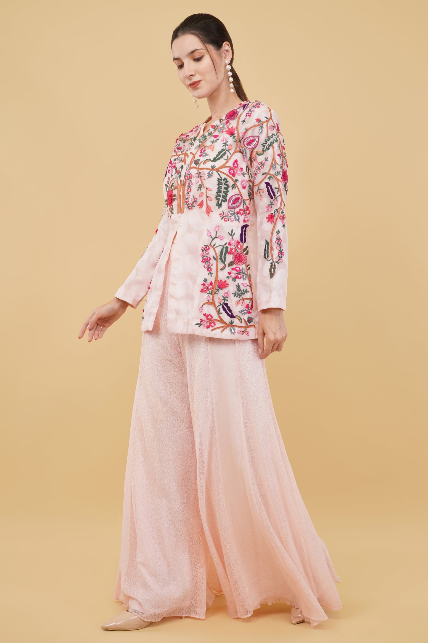 Pink Self Chanderi Kurti Set with Multicolor Thread Work and Sequin Cutdana Jacket