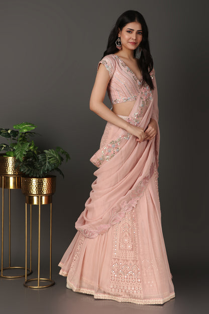 Pink Lucknowi Lehenga Saree In Georgette With Gotta Cutdana Sequins And Pearl Work