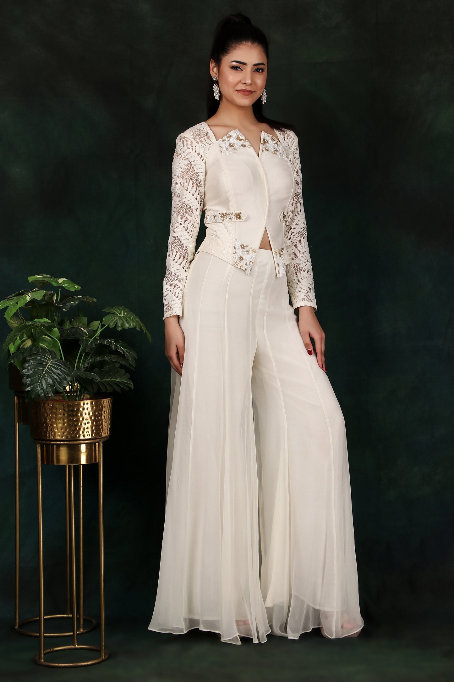 Cream Indo-Western Set with Kali Chiffon Palazzo Zardozi Corset Top And Chandelier Sleeves