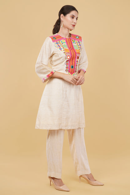 Designer Crème Khadi A-Line Kurta Set Featuring Mirror and Pearl Handwork