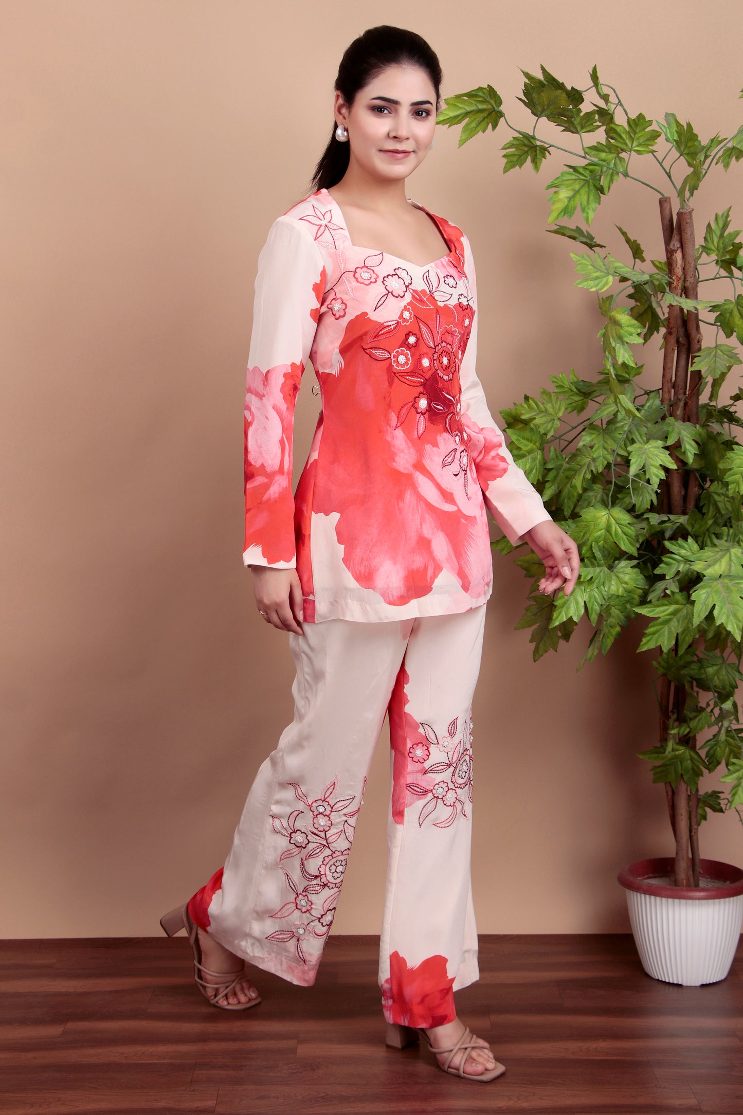 Pink Floral Co-ord Set With Thread And Pearl Embroidery