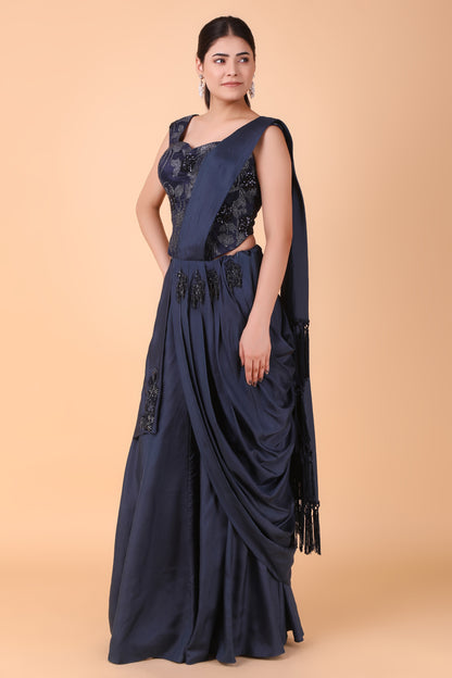 Luxury Blue Draped Saree in Zari Net with Crepe Silk Drape and Net Corset Blouse