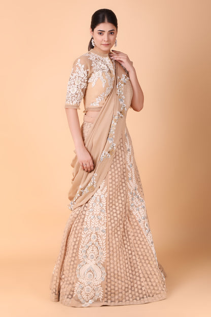 Designer Beige Lehenga Saree With Sequins Pearl And Thread Embroidery And Net Blouse