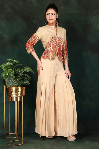 Festive Beige Jacket Top and Box Pleat Palazzo Set with Colourful Thread Work