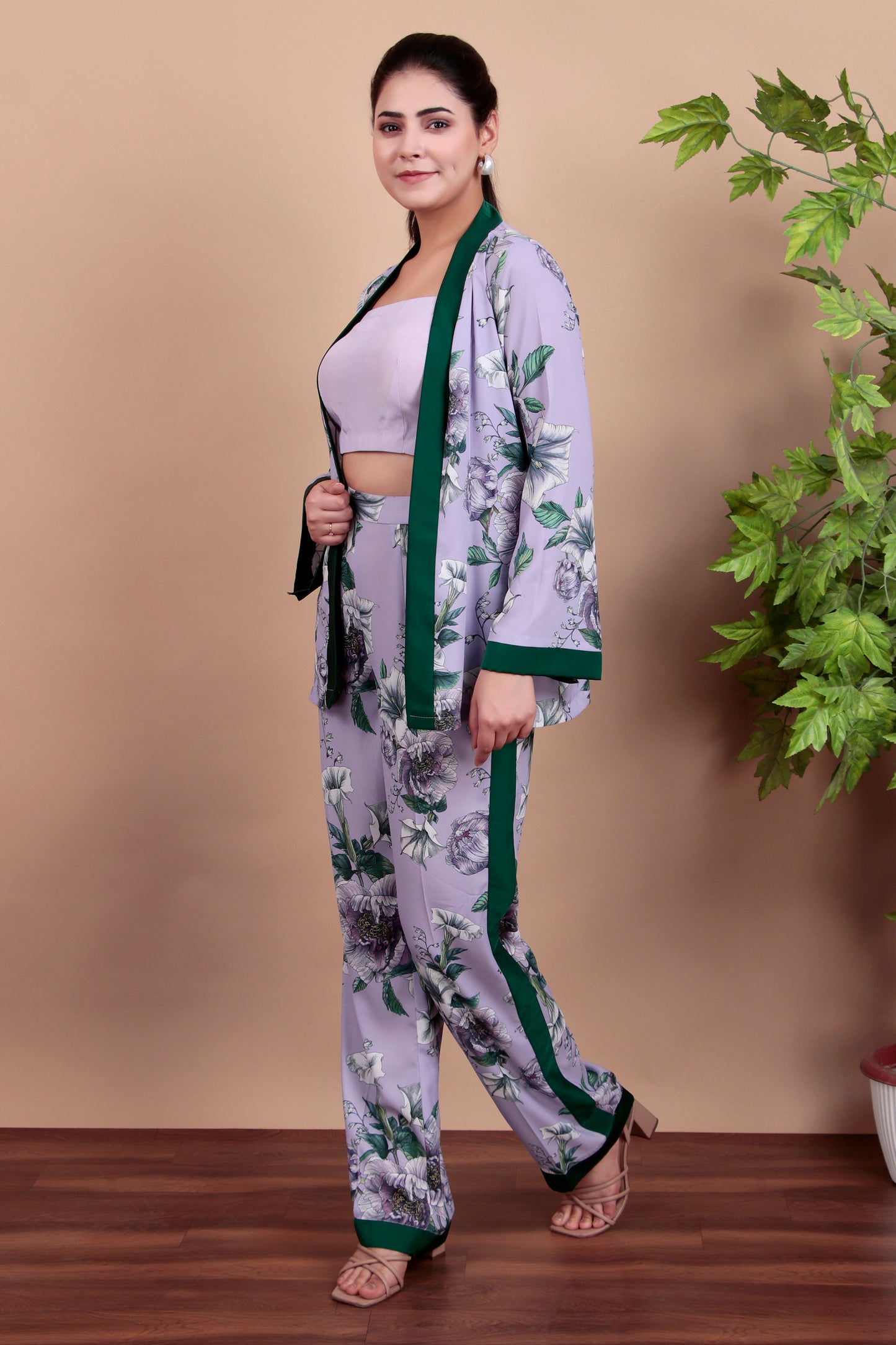 Lilac Indo-Western Floral Blazer Set with Dark Green Trim and Tailored Pants