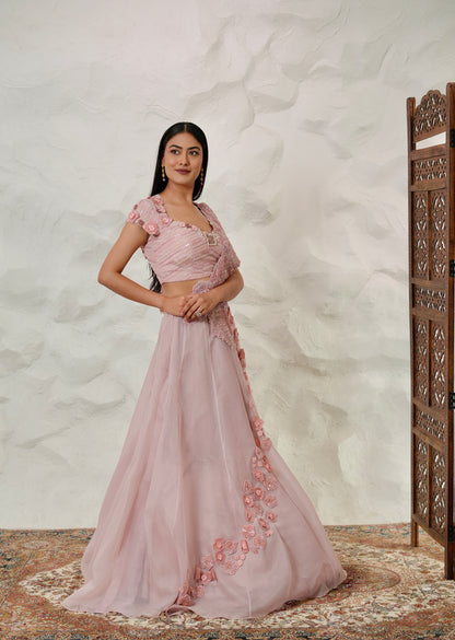 Designer Onion Pink Lehenga Set in Organza with Crepe Blouse and Embellished Frill Pallu