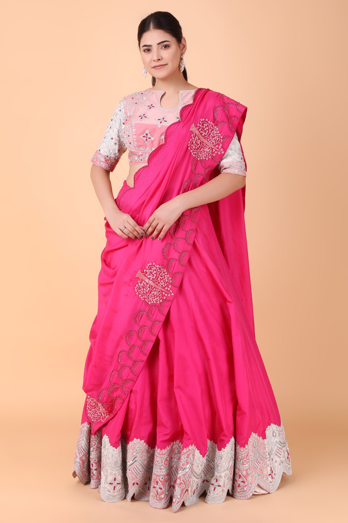 Magenta Silk Lehenga Saree With Mirror And Pearl Work Blouse And Pure Silk Pallu