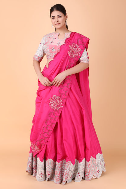 Magenta Silk Lehenga Saree With Mirror And Pearl Work Blouse And Pure Silk Pallu