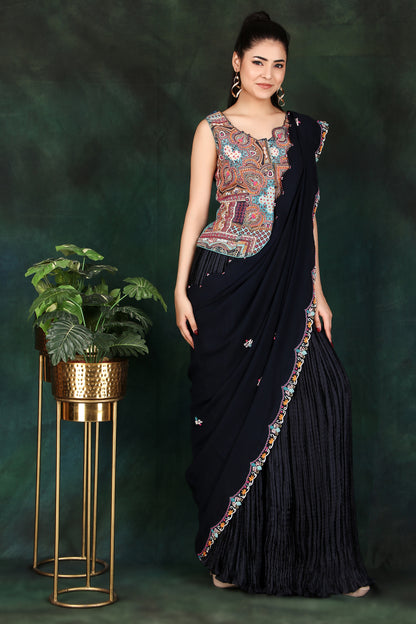 Festive Blue Palazzo Saree in Crushed Silk with Heavy Embroidered Blouse