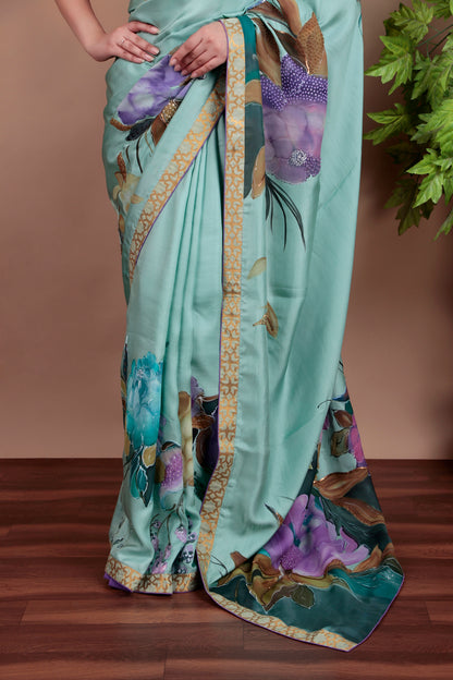 Luxury Sea Green Tulle Saree with Floral Painting and Sparkling Sequin Accents