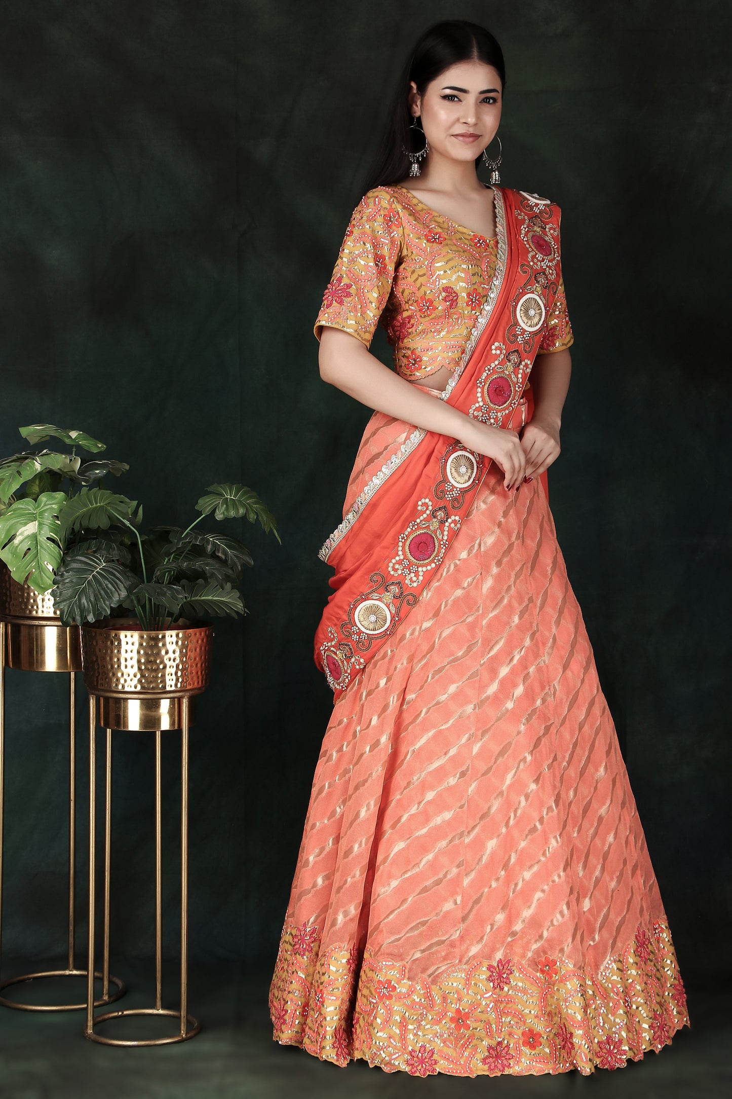 Elegant Orange Lehenga Saree with Rich Weaving Contrast Yellow Blouse And Handworked Silk Pallu