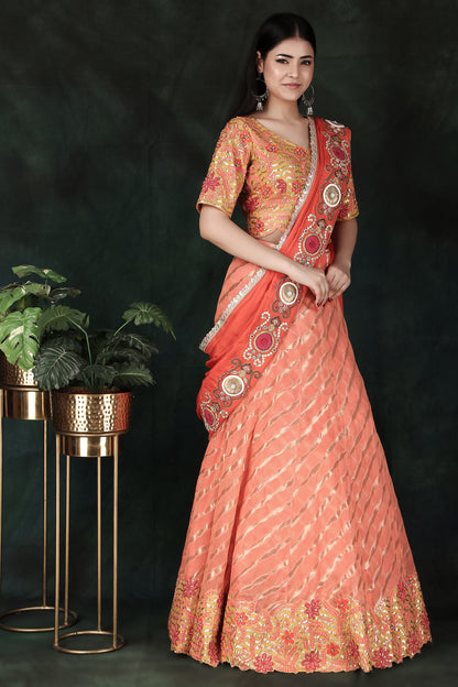 Elegant Orange Lehenga Saree with Rich Weaving Contrast Yellow Blouse And Handworked Silk Pallu