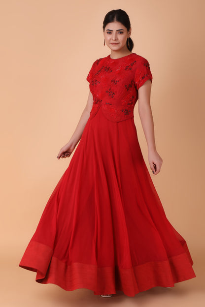 Red Dupion Silk Anarkali With Georgette Base And Pearl Dori And Sequin Embellishments