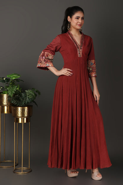 Rust Embroidered A Line Kurta Featuring Pintucks And Richly Decorated 3/4 Sleeves
