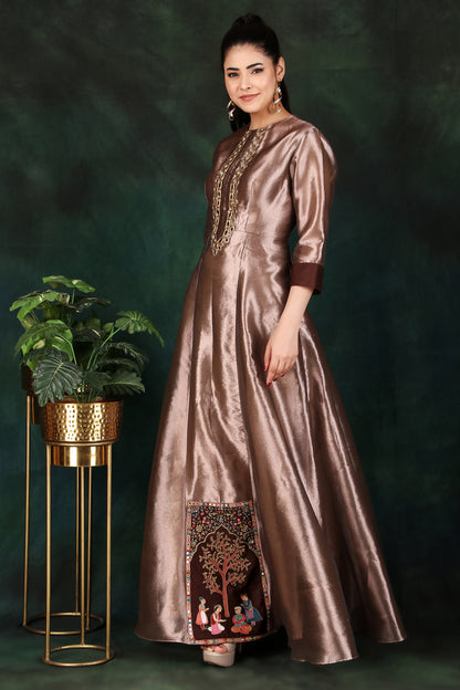 Copper Tissue Anarkali with Mirror Work Neckline and Photo Motif Front Flare