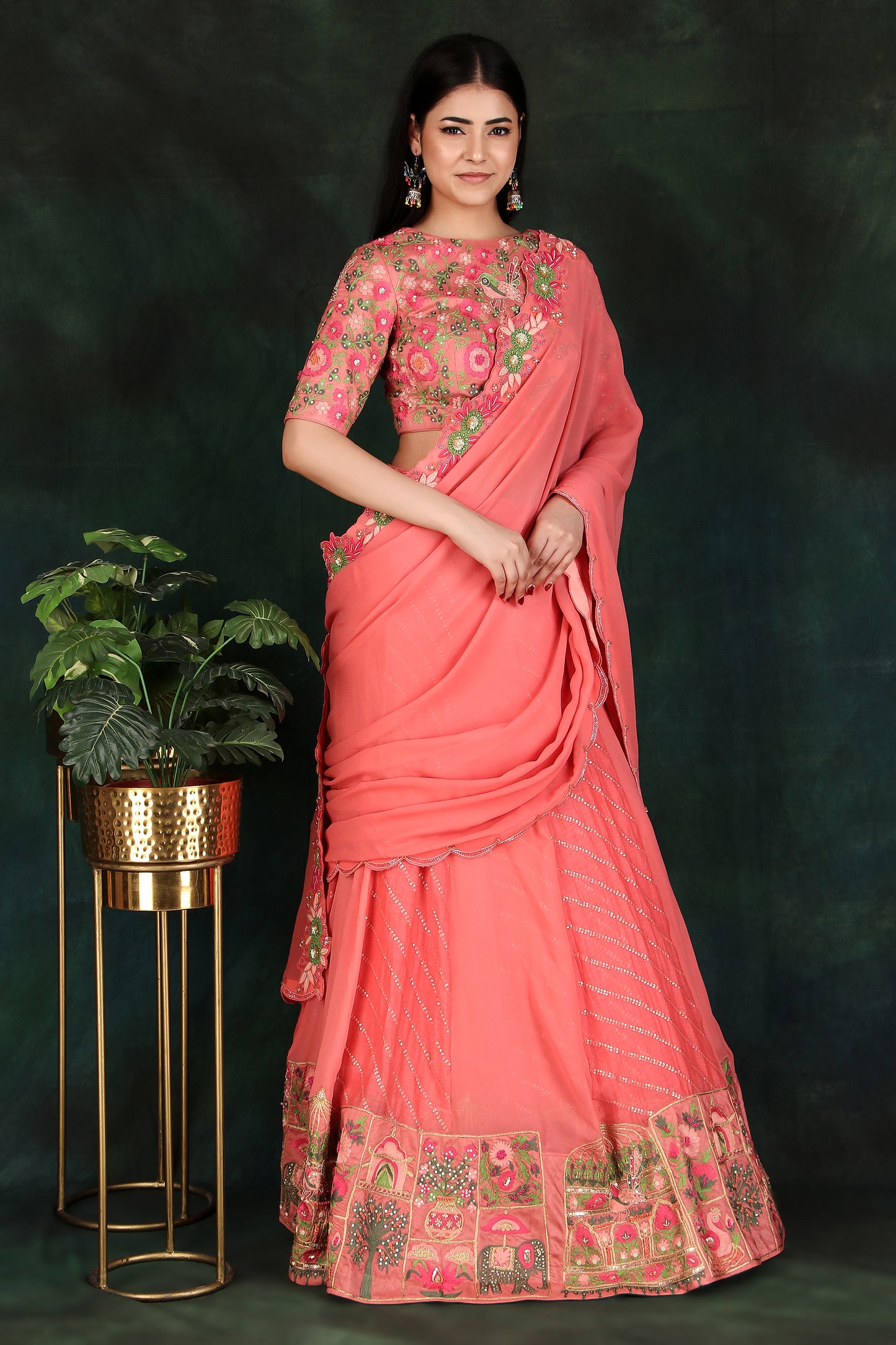 Dark Peach Lehenga Saree with Draped Pallu & Elephant Motif Border Blouse Set