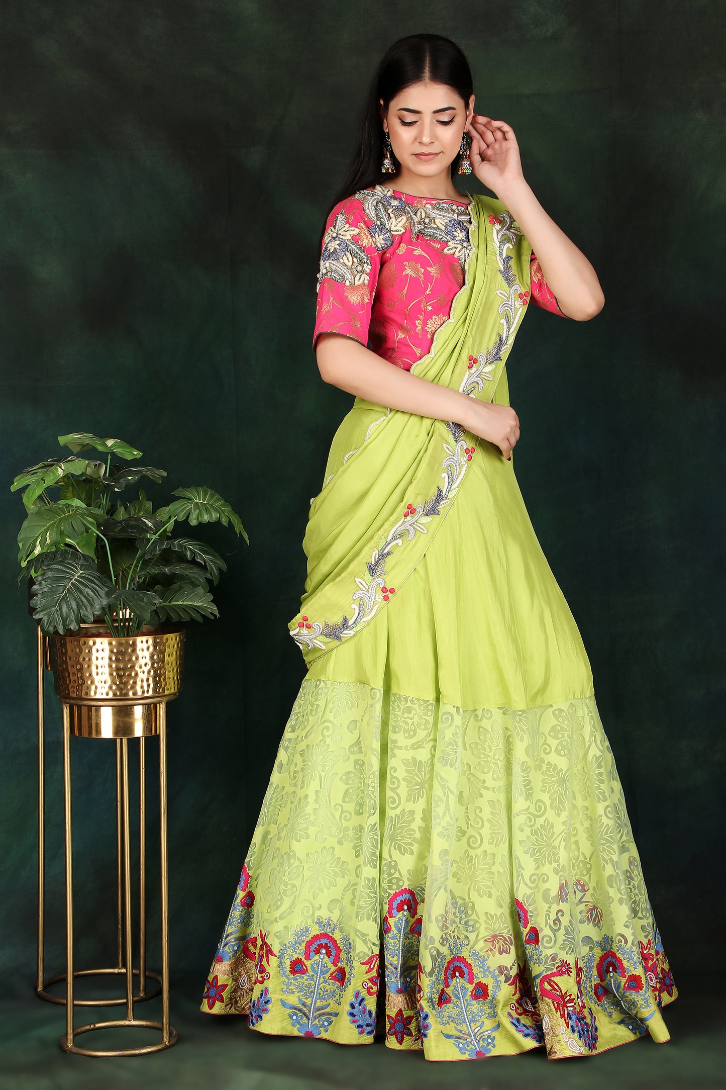 Luxury Parrot Green Lehenga Style Saree with Half Silk Half Organza Skirt and Magenta Handworked Brocade Blouse
