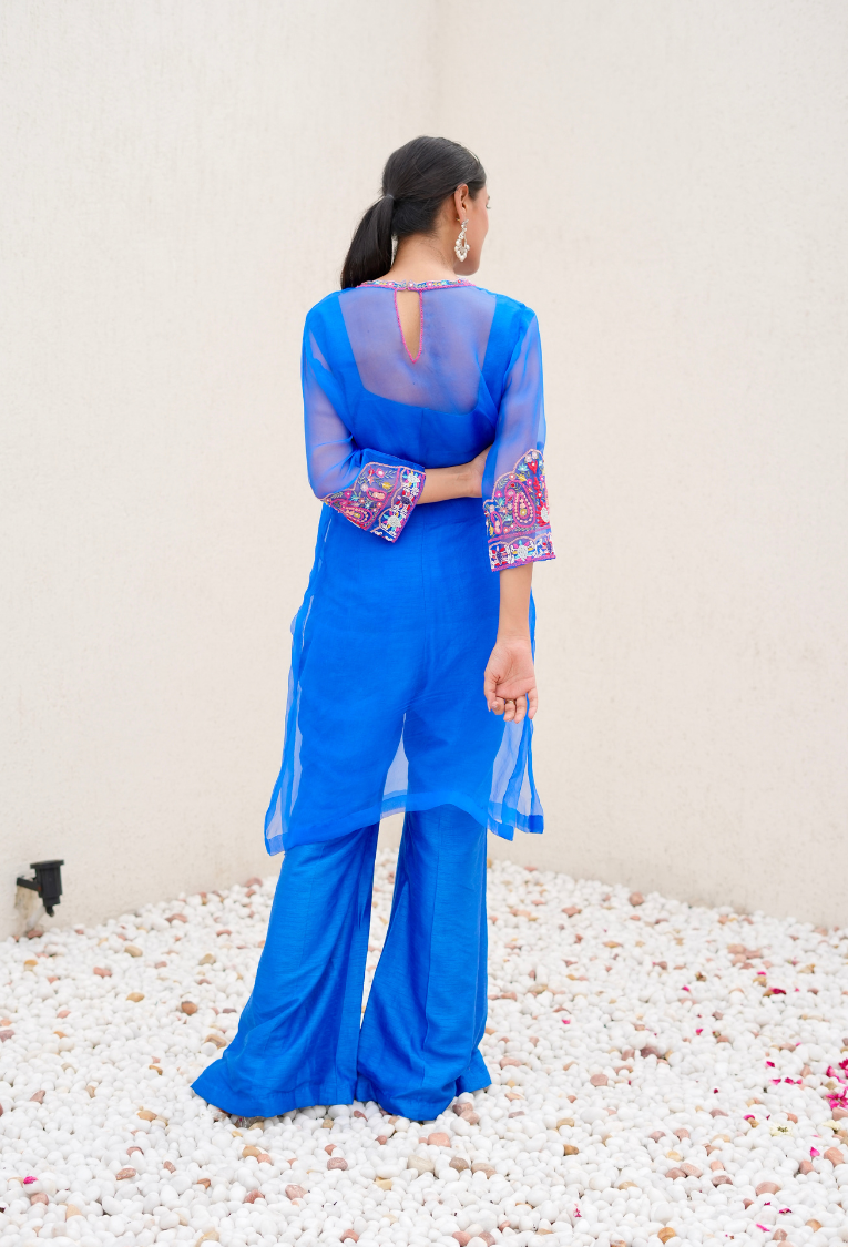 Royal Blue 3 Pc Set With Organza Kurta