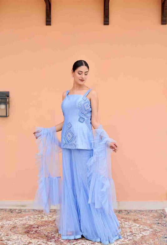 Indigo Blue 3 Pc Set with heavy work kurta & net flare plazo