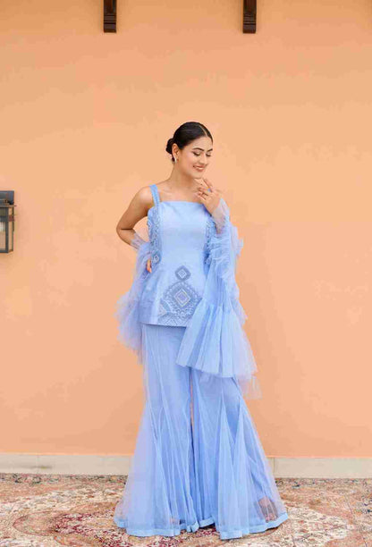 Indigo Blue 3 Pc Set with heavy work kurta & net flare plazo