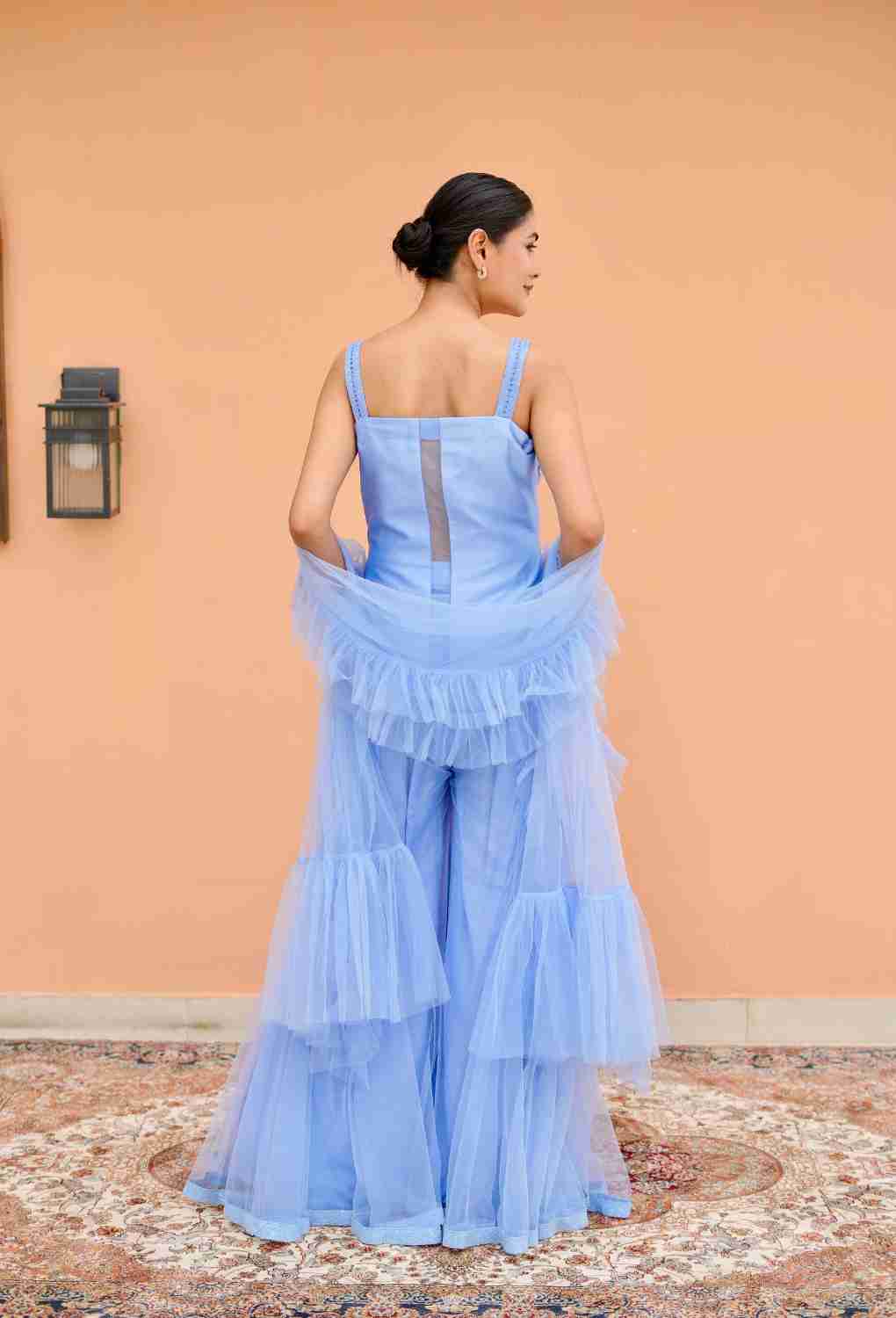 Indigo Blue 3 Pc Set with heavy work kurta & net flare plazo