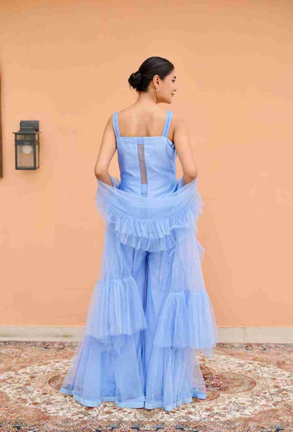 Indigo Blue 3 Pc Set with heavy work kurta & net flare plazo