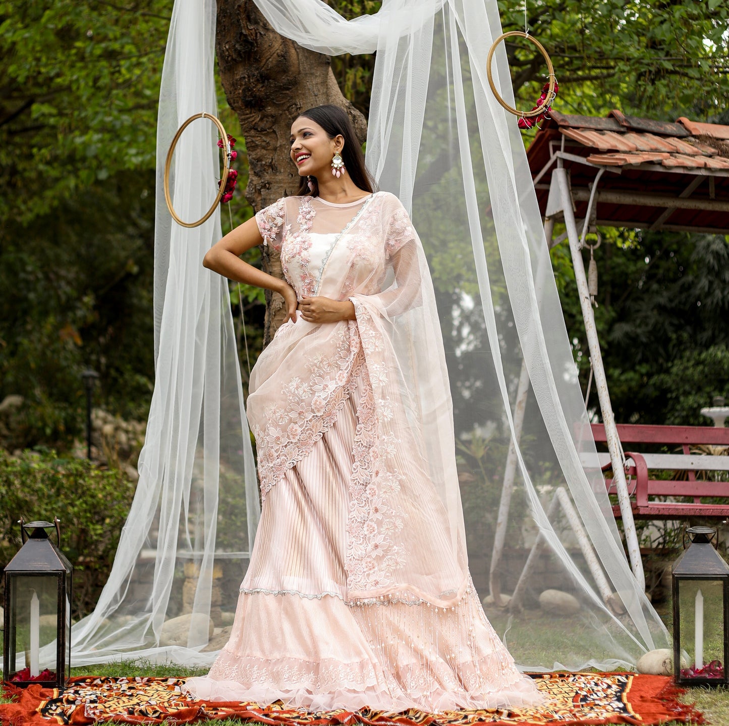 Peach Organza Wrinkle And Net Lehenga Saree With Pearl Crystal And Cutdana Embroidery