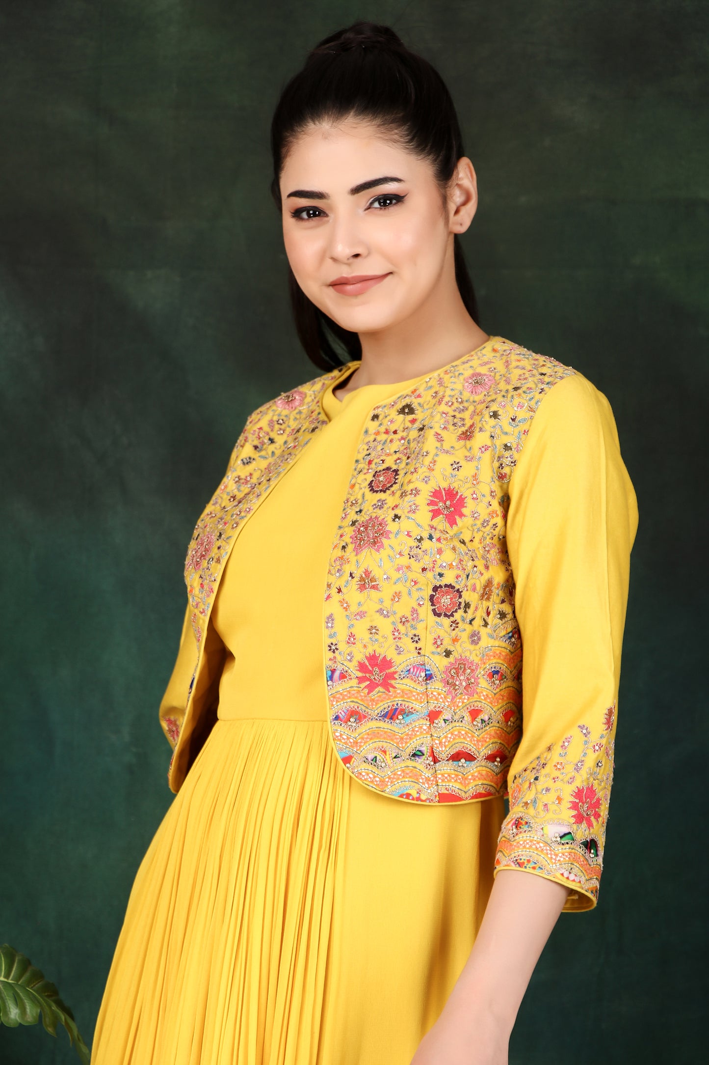Yellow Georgette Anarkali Suit with Thread Dori And Sequin Work Jacket