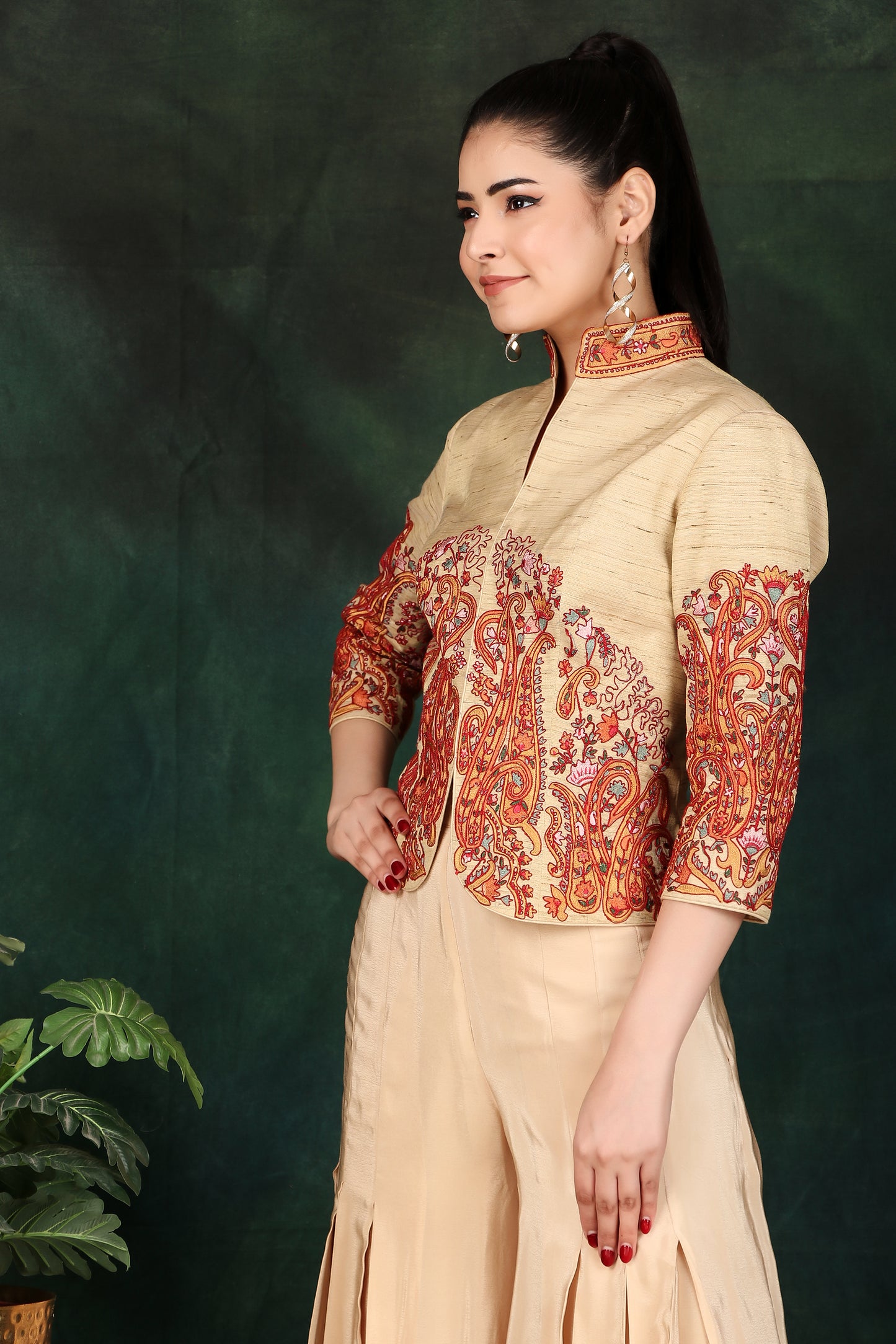 Festive Beige Jacket Top and Box Pleat Palazzo Set with Colourful Thread Work