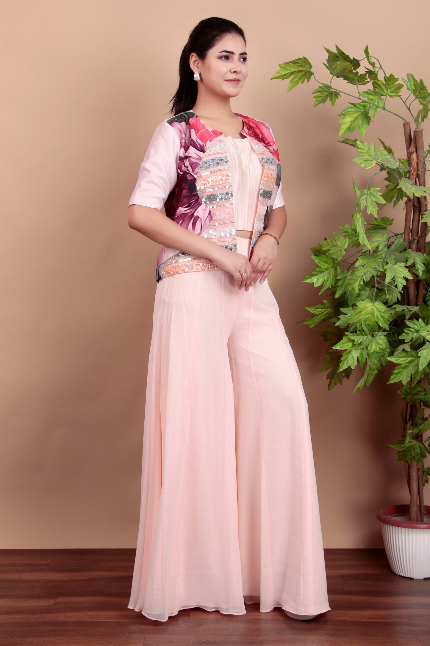Blush Pink Indo-Western Set with Strapless Corset Flared Palazzo And Sequin Jacket