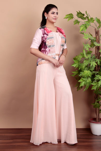Blush Pink Indo-Western Set with Strapless Corset Flared Palazzo And Sequin Jacket