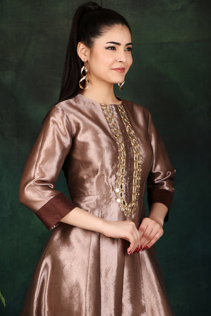 Copper Tissue Anarkali with Mirror Work Neckline and Photo Motif Front Flare